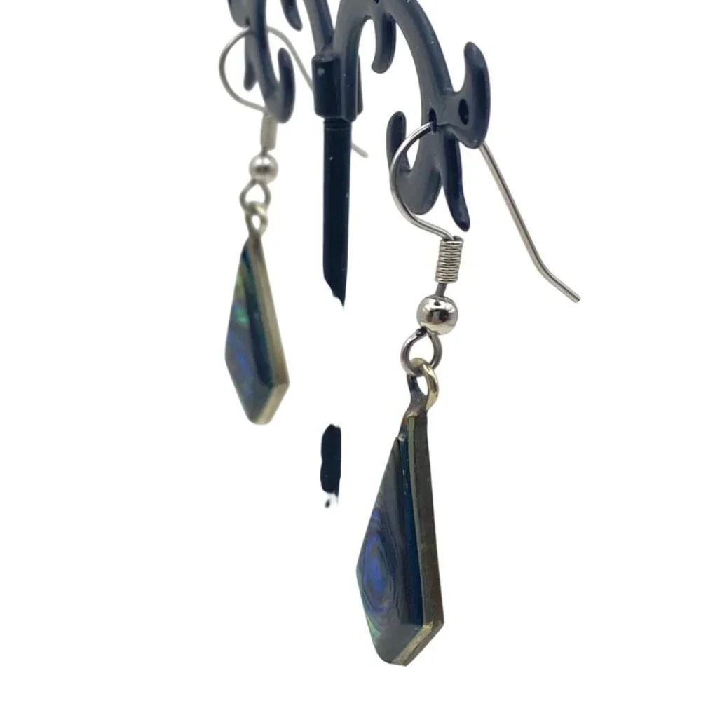 Abalone Shell Drop Earrings Geometric Silver-Tone Dangle Boho Modern Paua - Picture 6 of 7